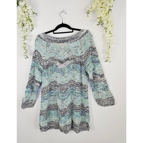 J Jill Marled Open Knit Tunic Sweater Size XL Cotton Blue Green Boho Winter Cozy - Picture 4 of 14